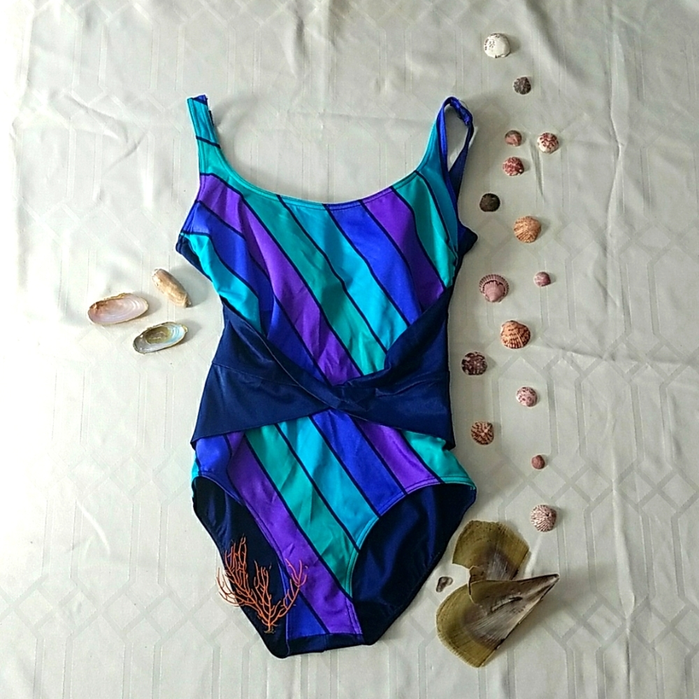 80s - 90s Colour Block One Piece Bathing Suit